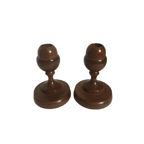 Vintage ACORN SOLID WOOD 5" H x 3.5" L Pair Taper Holders Candlesticks Unknown - Picture 1 of 8